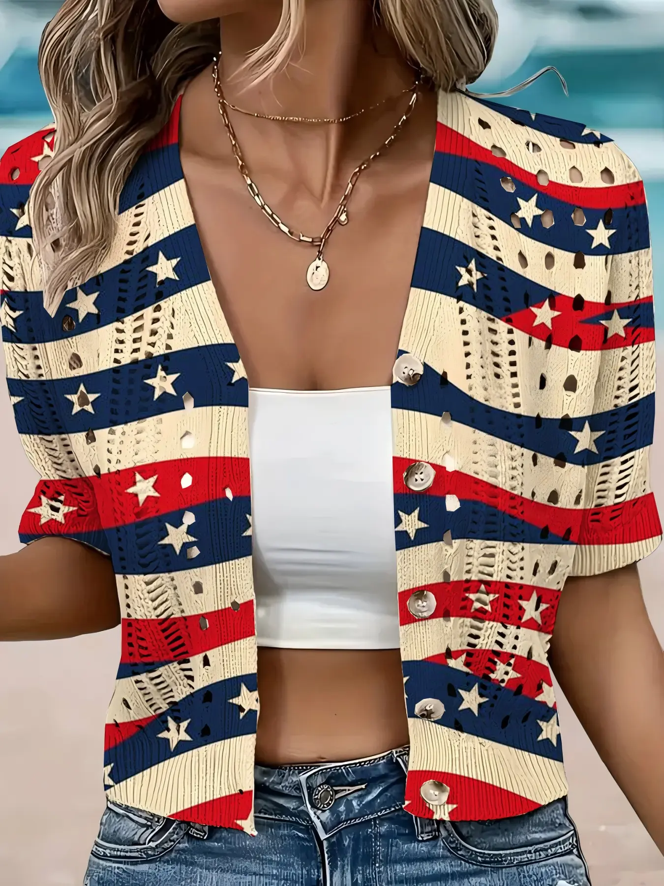 Elegant Women's Wave Stripe Star Print Short Sleeve Knit Cardigan, Casual Summer Fall Fashion, Button Front Open Neck Sweater