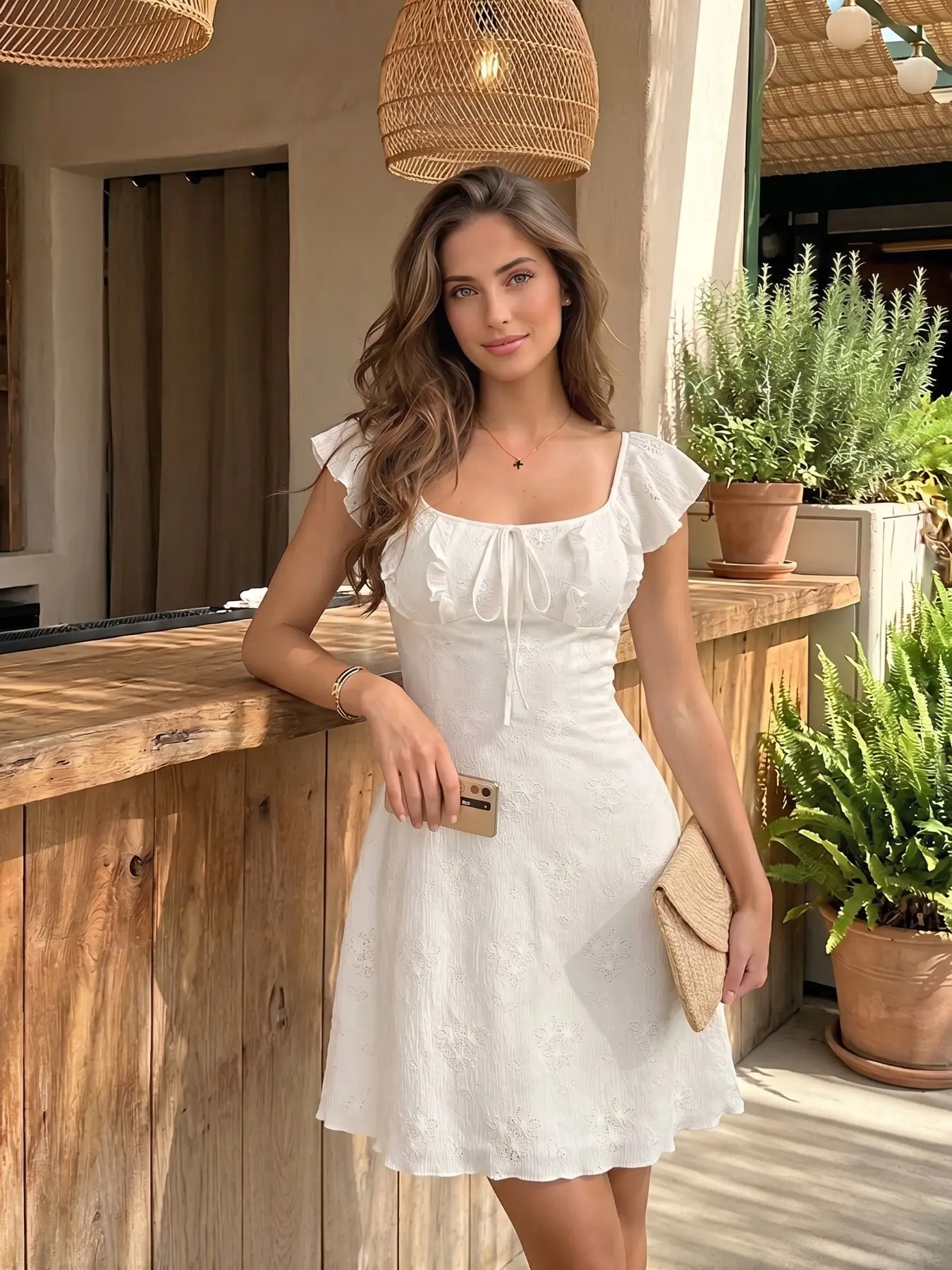 Women's Square Neck Embroidered Short Feminine Casual Dress, Ruffle Sleeve Front Tie Adjustable A-Line Dress, Perfect for Brunch and Summer Parties