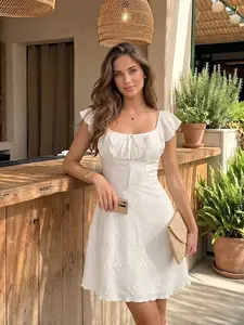 Women's Square Neck Embroidered Short Feminine Dress, Ruffle Sleeve Front Tie A-Line Dress, Perfect for Brunch and Summer Parties