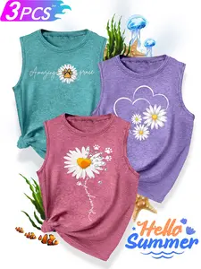 Women's 3-Pack Casual Sleeveless Crew Neck Tank Tops, Camis, Womenswear, Daisy Paw Print & Daisy Cluster, Multiple Colors Available, Machine Washable, Spring & Summer Top, Soft Skin-Friendly Fabric, Daily Versatile, Fashion Design