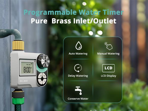 QUOBAS Sprinkler Timer for Garden Hose, Programmable Digital Brass Water Timer with Rain Delay/Auto/Manual 3 Modes, Pool, Lawn, Drip Irrigation System, Battery Powered QUOBAS Sprinkler Timer for Garden Hose, Programmable Digital Brass Water Timer with Rain Delay/Auto/Manual 3 Modes, Pool, Lawn, Drip Irrigation System, Battery Powered