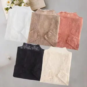 5PCS Black+white+coffee+Caramel+Apricot Lace Lingerie Mesh Intimates Undershirts for Women Semi High Neck Shirt Long Sleeved Top See-Through Base Blouse Inner Wear