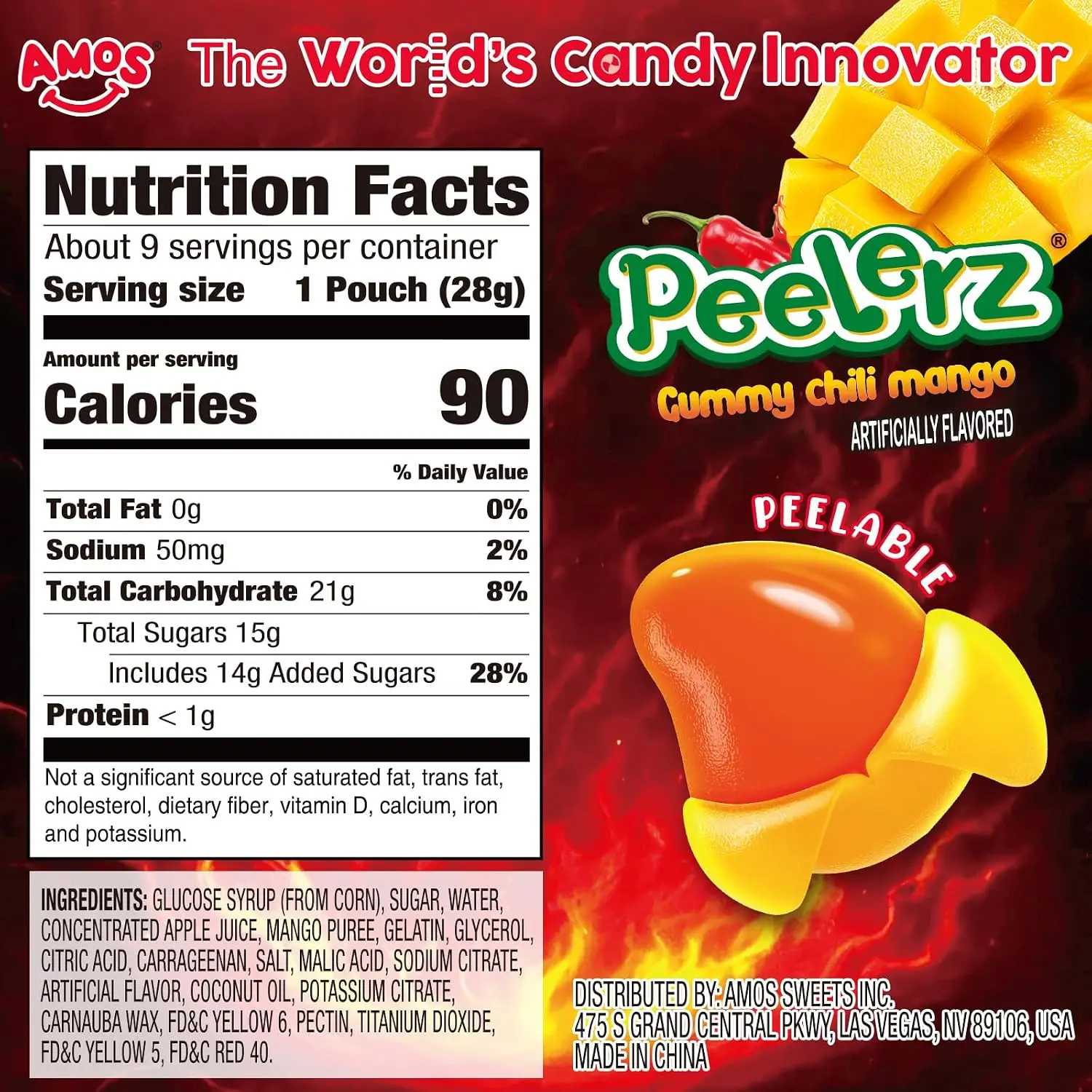 AMOS Peelerz Chili Mango Peelable Gummy Candy, Spicy Sweet Mango Flavor, Real Fruit Juice Infused, 8.47 OZ (240g)
