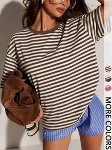 Brown White Striped Oversized Tee - 2026 Trending Maillard Retro Outfit, Soft Cotton Perfect for Daily & Commute