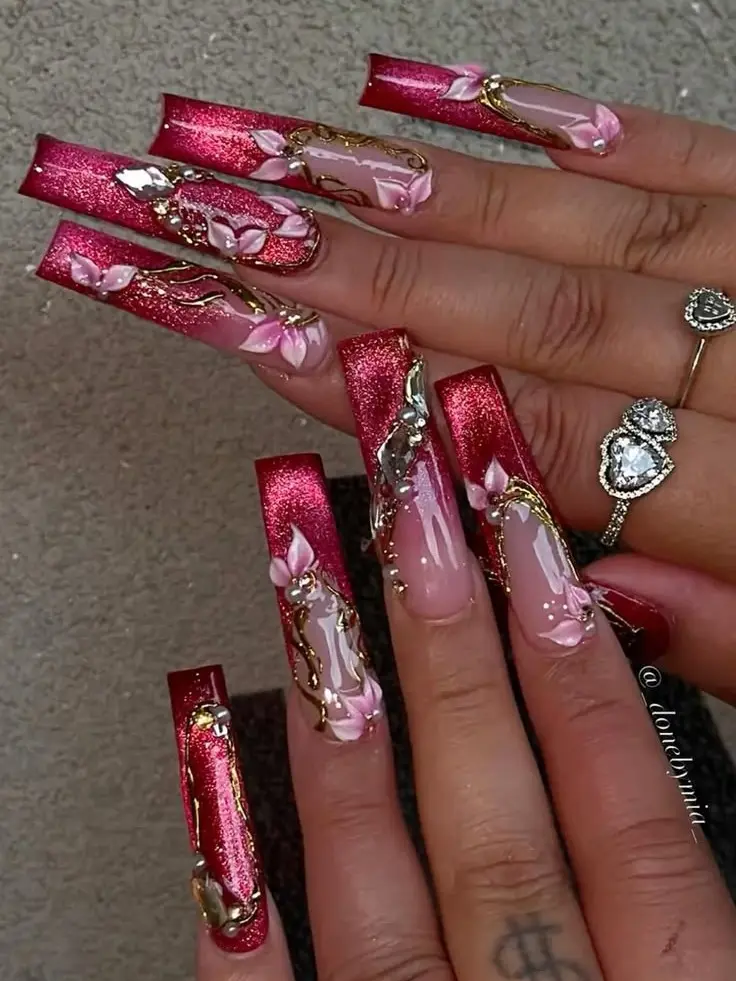 Red Glitter 3D Floral Press On Nails Extra Long Square Fake Nails Pink Flower Gold Chrome Pearl Glam Coquette Reusable False Nails Women Party Stick On Nails Handmade Custom Acrylic Nail Art TikTok Viral Beauty Trendy Chic DIY Manicure