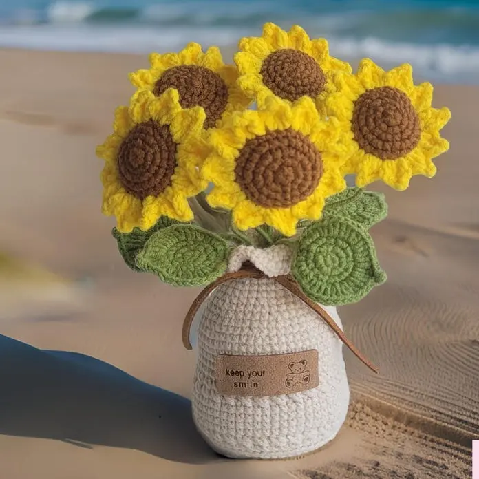 Crochet Sunflower Bouquets in Yarn Vase, Yellow Flowers, Handmade Floral Decorations, Home & Office Decors, Centerpiece, Personalized Gifts