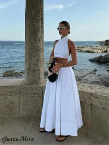 Two-Piece Set Women's Solid Color Tank Top & Skirt, Casual Sleeveless Top & Long Skirt for Summer, Ladies Clothes for Beach Holiday Vacation, Womenswear