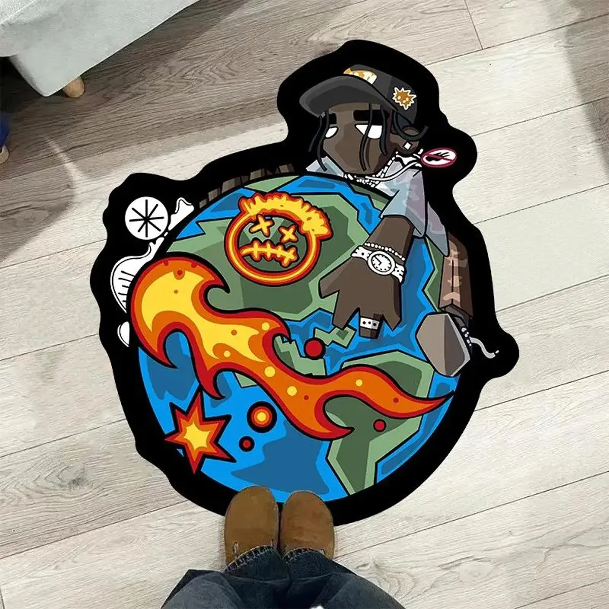 Hiphop Style Round Carpet, Fun Cool Cartoon Boy Planet Mat, Vintage Street Style Hiphop Rug, Cartoon Pattern Rug, Durable Fabric for Living Room Bedroom, Indoor Use