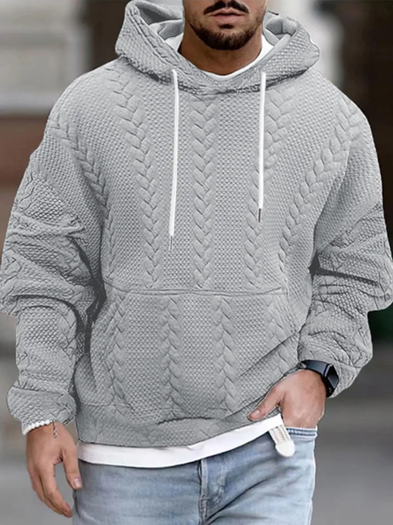 Men's Solid Textured Drawstring Hoodie, Casual Loose Drop Shoulder Long Sleeve Hooded Sweatshirt for Fall & Winter, Men's Clothes for Daily Wear