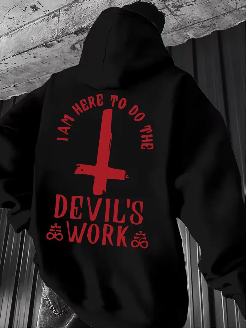 Inverted Cross Devil's Work Vintage Red Letter Fleece Hoodie, Gothic Street Trend White Hoodie