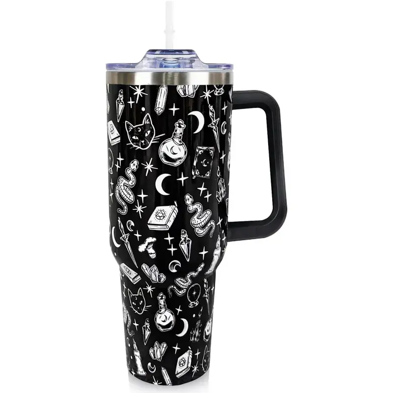 40 Oz Insulated Stainless Steel Goth Water Bottle - Portable Coffee Beverage Flask with Handle, Straw, Lid, Plastic Components, Gothic Witchy Drinkware for Indoor/Travel, Unique Halloween Gift for Women, Water Bottles