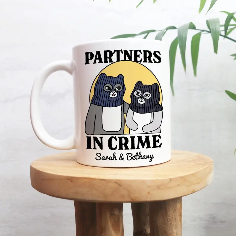 Custom Partners in Crime Mug, Bestie Ceramic Cup Personalized, Best Friend Colleage Cat Friendship mug, Birthday present, Christmas Gift,