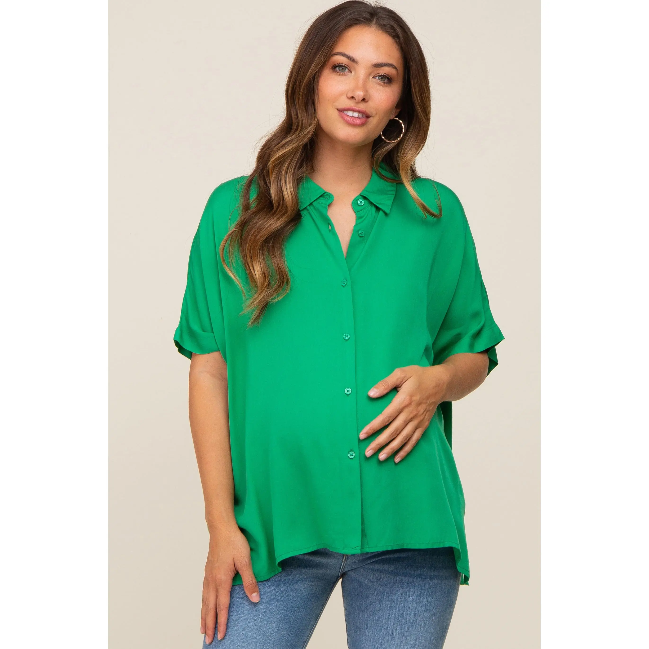 Maternity Clothing, Green Dolman Sleeve Button-Up Top, Soft Stretchy Blouse for Pregnancy and Nursing Access