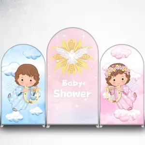 15-day Delivery Pink Angel with Harp Arch Backdrop Cover for Baby Shower and Christening