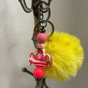 Summer Pool Day Theme Charm Keychain with Pom - Yellow Pom, Red and Pink Beads, Cute Design for Keychains and Accessories