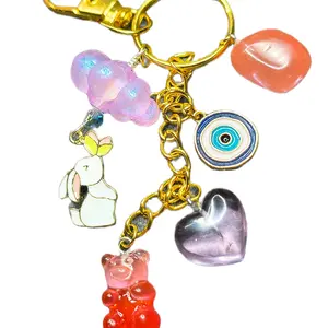 Handmade Gummy Bear Bunny Keychain with Colorful Beads and Heart Charm Perfect for Gifts