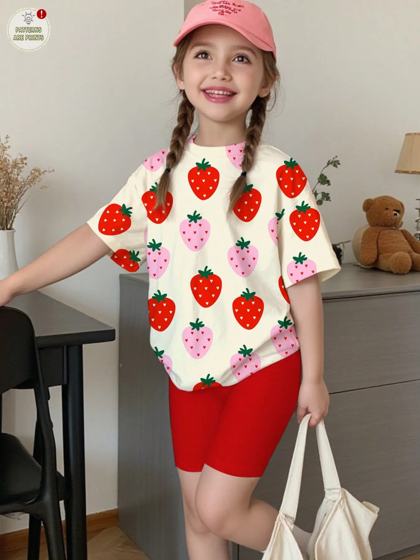 Sweet Strawberry Digital Print Set, Summer Casual Girls', Casual Outfit Set, 2-Piece Girl T-Shirt and Tight Cycling Shorts, Comfortable Elastic Waist Pants, Fine Girls Outfit, Summer Clothes Set, Summer Clothing Set