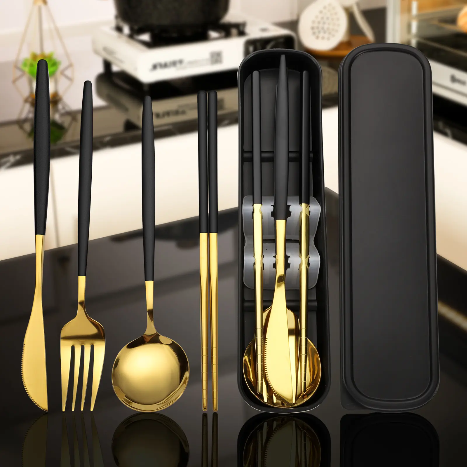 Convenient Thickened Food Grade Stainless Steel Tableware 4-Piece Set, Including Spoon, Chopsticks, Fork, Knife, with Mute Storage Box, Suitable for Daily Commuting, Business Travel, Student Lunch Bag and Outdoor Portable Fast Tableware buffet cater banqu