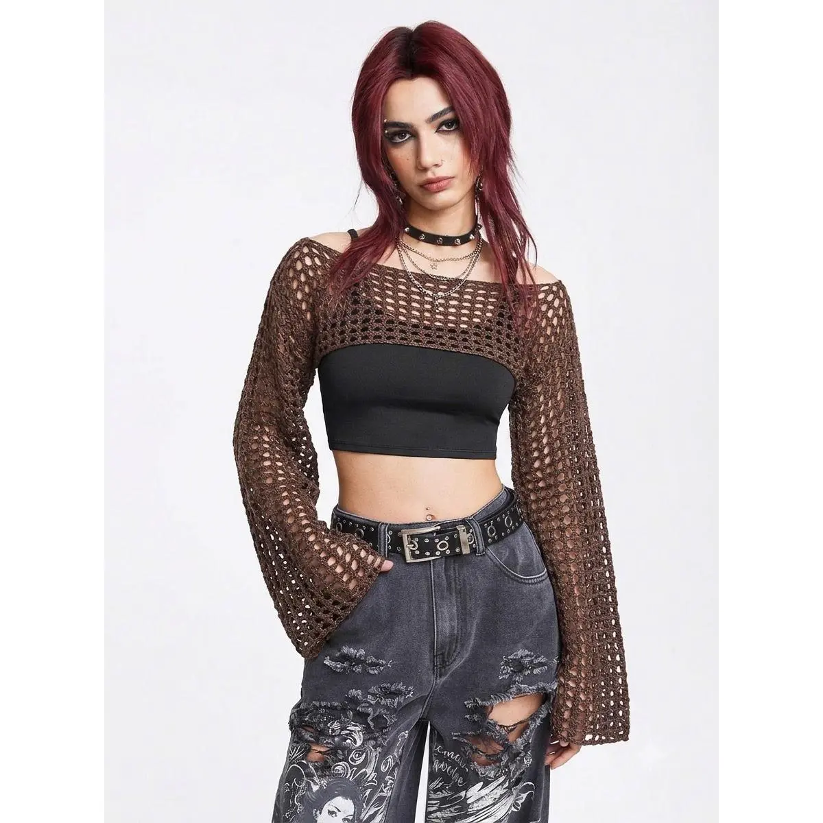 LUNA LAYER Womens Grunge Punk Crochet Hollow Out Crop Sweater Boat Neck Flare Sleeve Cut Out Pullover Top Long Sleeve Asymmetric