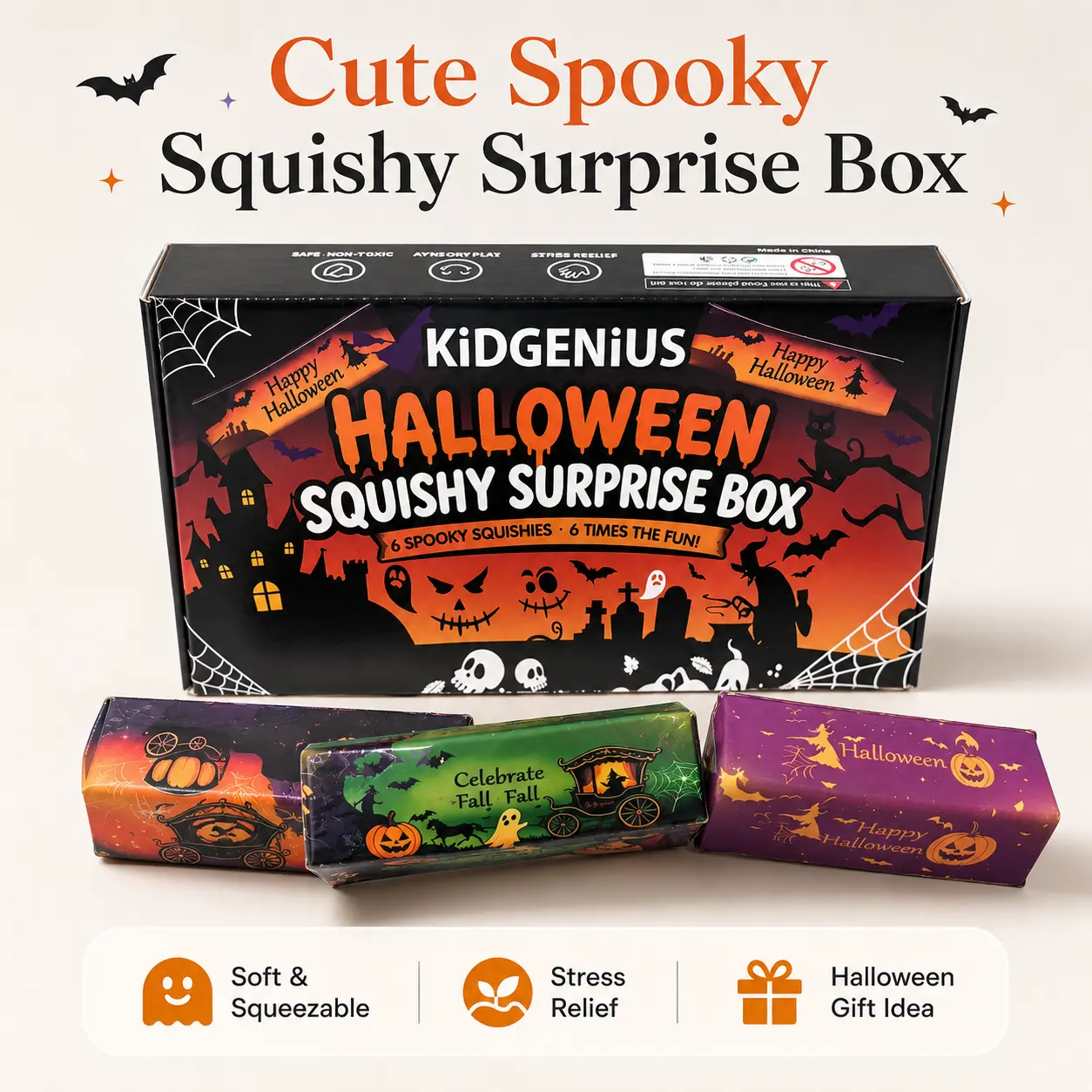 KIDGENIUS 6-Pack Premium Halloween Slow Rising Squishies, Soft PU Unisex Spooky Collectible Stress Relief Toys, Exquisite Packaging, Ideal Holiday Gift for Kids, Slow Rising Squishy