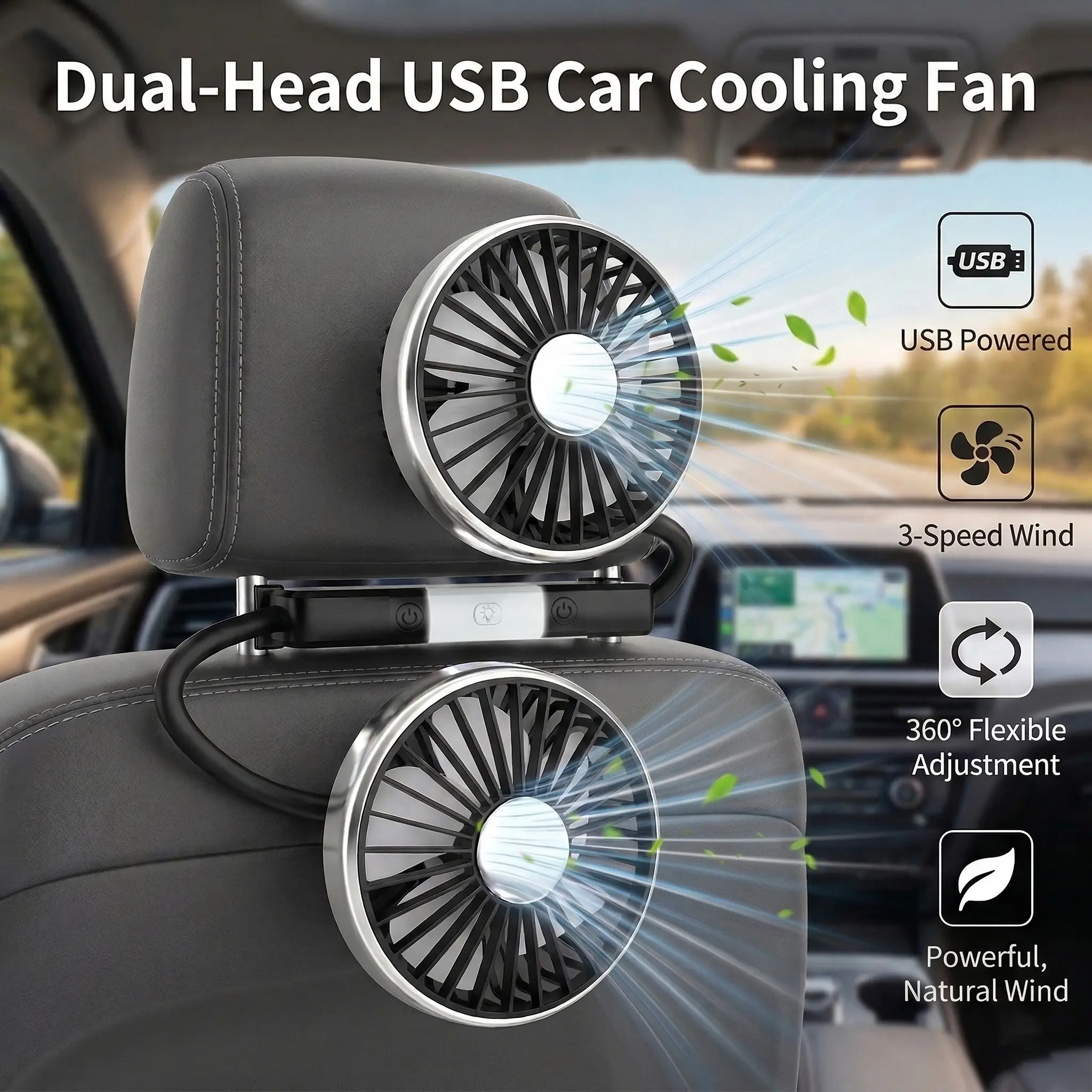 2-In-1 Car Fan, Multifunctional Air Cooling Fan, 360° Rotating Dual Head Design, LED Light, Adjustable Speeds, USB Powered, Air Circulation, Fast Ventilation, Adjustable Fans
