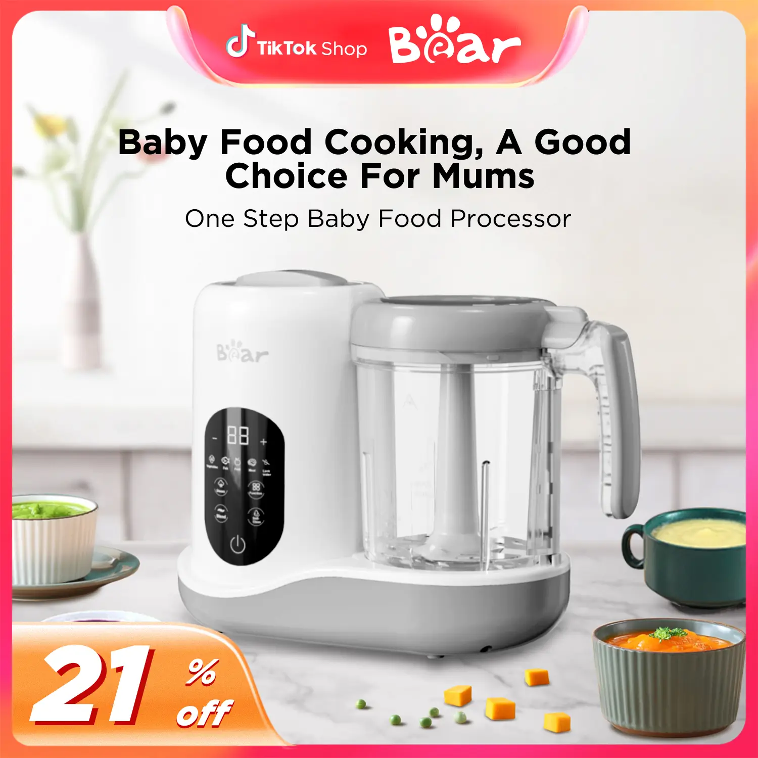 Bear Baby Food Maker, 5 in 1 Multifunctional Puree Maker with Self-Cleaning, Touch Screen Control, BPA Free