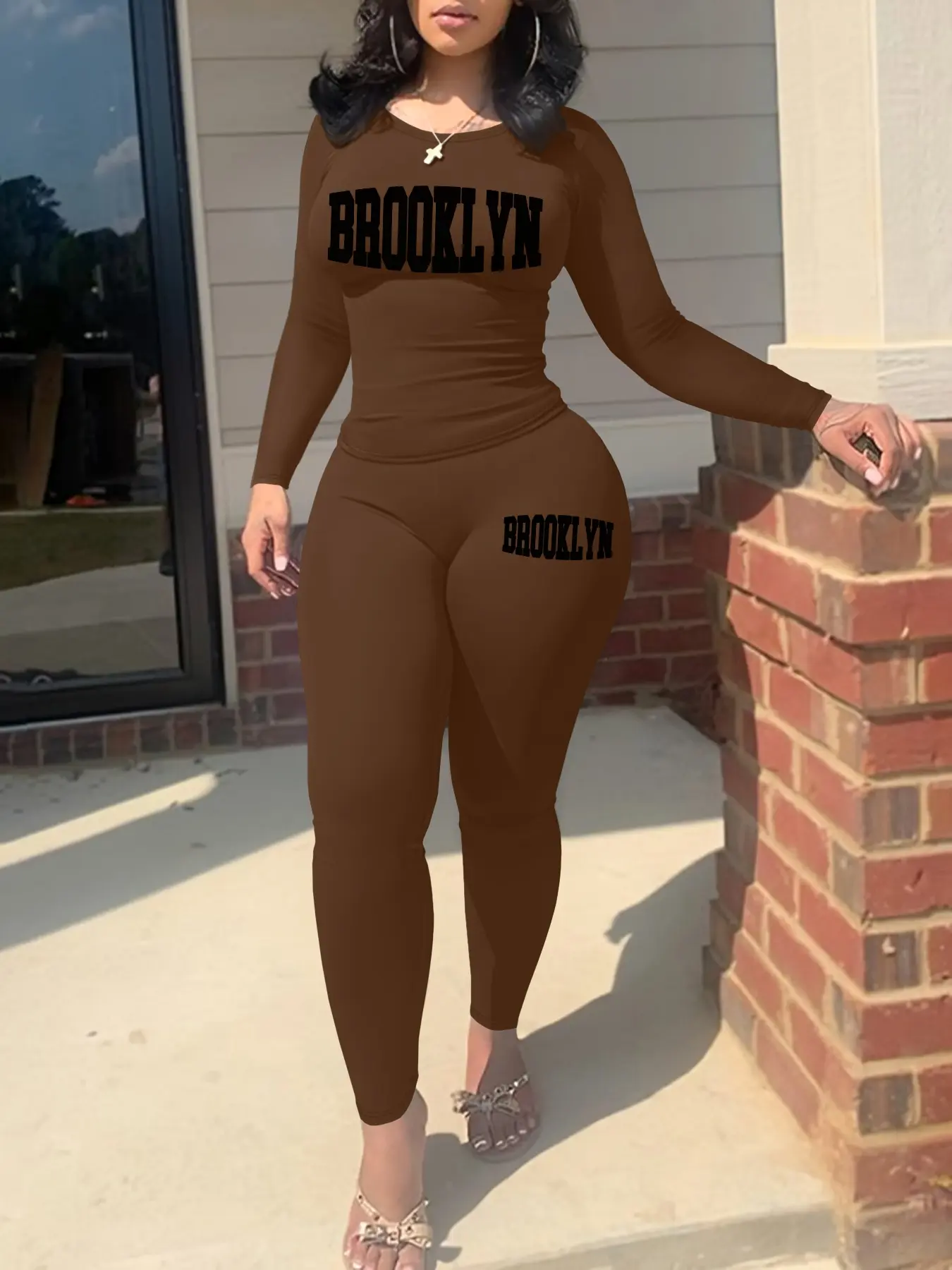 Women's Fall Winter Letter Print Two-Piece Set, sweatsuit set, Casual Sporty Long Sleeve & Pants, No Pocket Design, Fashionable Daily Wear