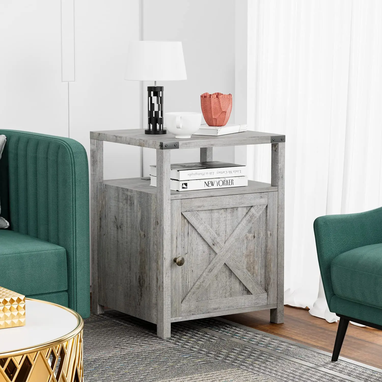 [Summergarden] Vabches Farmhouse Bed Side Table with Charging Station, Rustic End Table with Storage Capacity for Bedroom & Living Room, Industrial Nightstand with USB Ports and Outlets, Bed Side Tables