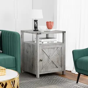 Vabches Farmhouse Nightstand with Charging Station, Rustic End Table Bedroom with Storage Living Room Side Table Night Stand Industrial Bedside Bed Table with USB Ports and Outlets