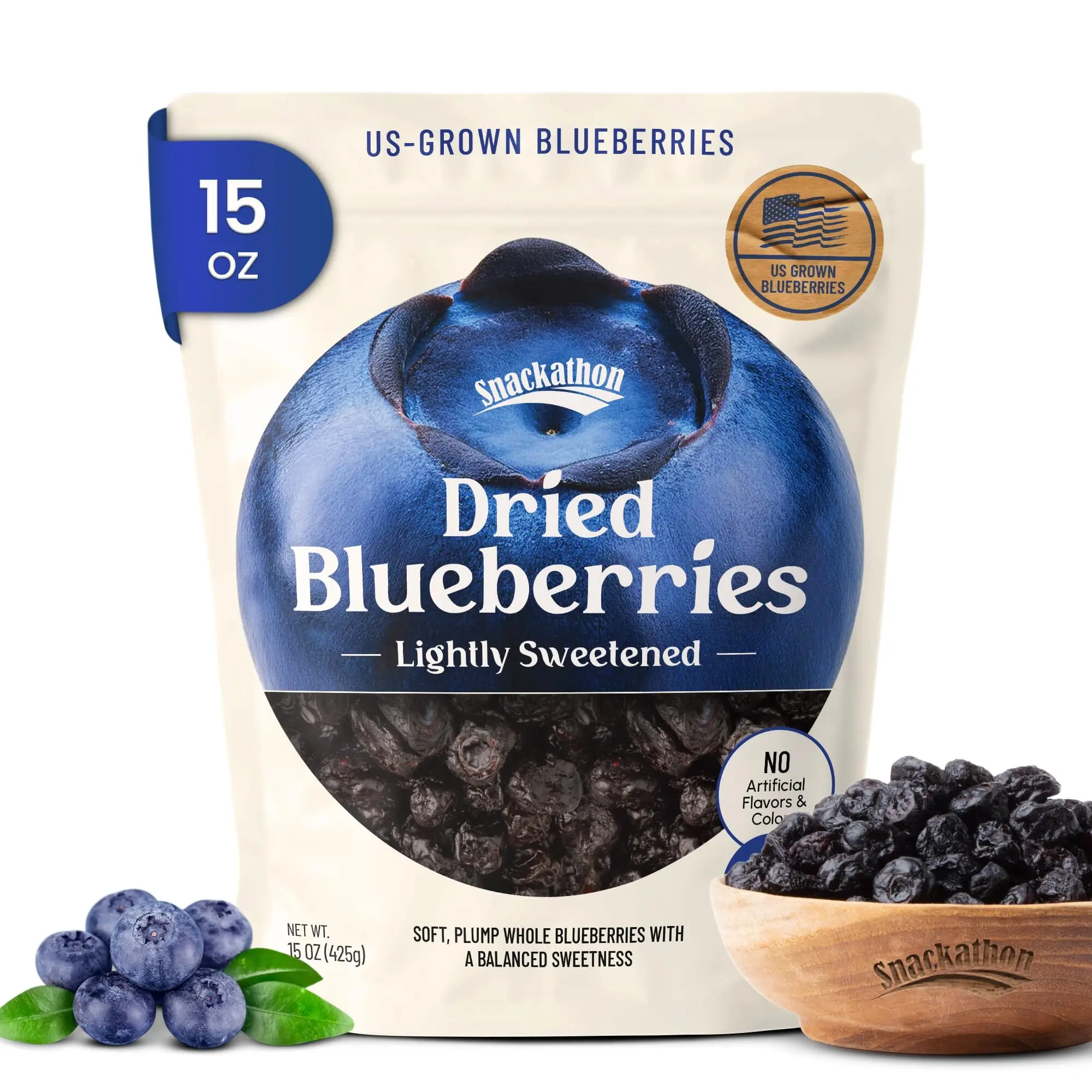 Snackathon Dried Blueberries, Lightly Sweetened, Soft & Plump Whole Berries, US-Grown, Gluten-Free, Non-GMO, No Sulfites, Dried Fruit for Snacking, Baking & Toppings
