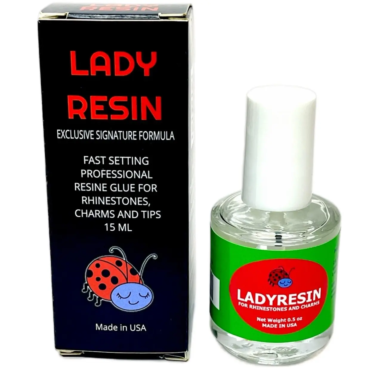 Lady resin 15 ml by ladybug Nails, Super Strong Adhesive Precise for Nail Charms Crystals Rhinestones Beads Flower 3D Decorations and nail charms.