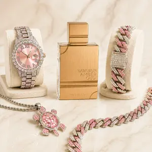Women’s Pink Rhinestone Jewelry Set with Sparkling Watch, Cuban Link Bracelet, Turtle Pendant Necklace, Fashion Jewelry Combo Paired with Amber Oud Gold Edition Perfume Bottle Only, No Gift Box Included, Gift for Her Set