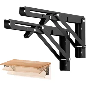 10 Inch Folding Shelf Brackets - Matte Black Collapsible Heavy Duty Brackets for Table Bench - Space Saving, 2 Pack