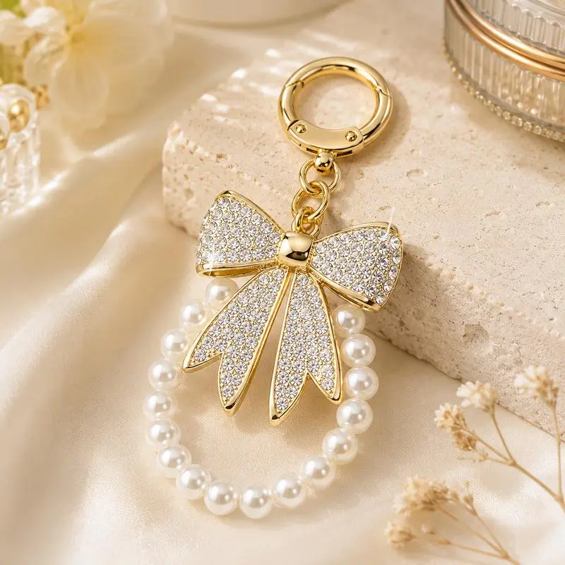 Unisex White Designer Bow Pearl Charm Keychain, 4.53 Inches Sparkly Durable Loop Fashion Accessory for Costume Jewelry Collections, Choking Hazard Is A Small Ball