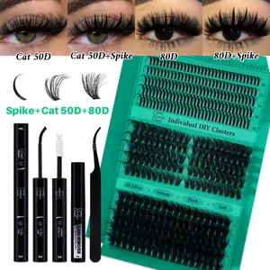 350 PCS Eyelash Extension Lash Clusters Kit D Curl Spike/Cat 50D/80D 3 Styles Mix10-18mm Lashes Kit with Bond&Seal Lash Remover Lash Applicator, Perfect for Beginners &Proficient, DIY at Home Easily, Easy Apply for Makeup Daily