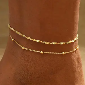 2 PCS Gold Anklets for Women 14K Gold Plated Anklet Beaded Bracelets Stackable Bracelets Jewelry Gifts