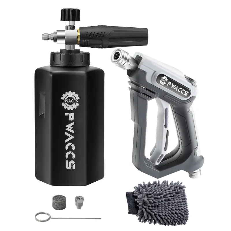 PWACCS Pressure Washer Foam Gun Spray Lance - Short Handle Automotive Car Wash Accessory, 1/4" Quick Connector, M22 Fitting Inlet, 1.5L Foam Cleaner Tank, 4000 PSI Max, Less Arm Fatigue for Cars/SUVs【DealsForYouDays】