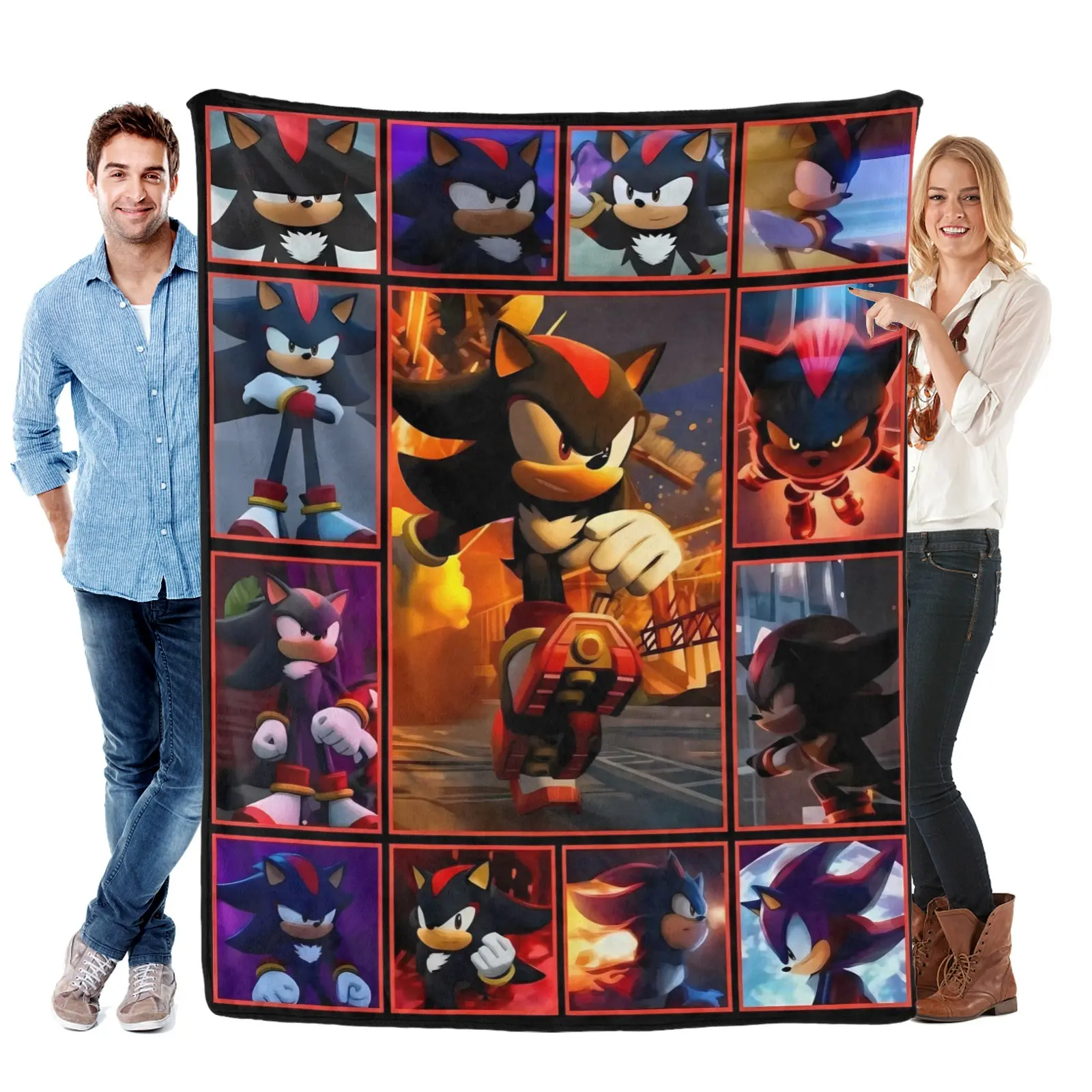 Shadow The Hedgehog Grid Collage Flannel Throw Blanket, Multi Pose Character Panel Print, Ultra Soft Warm Cozy Blanket for Bedroom Sofa Couch Gaming Room Decor, Ideal Birthday & Holiday Gift for Sonic Game Fan