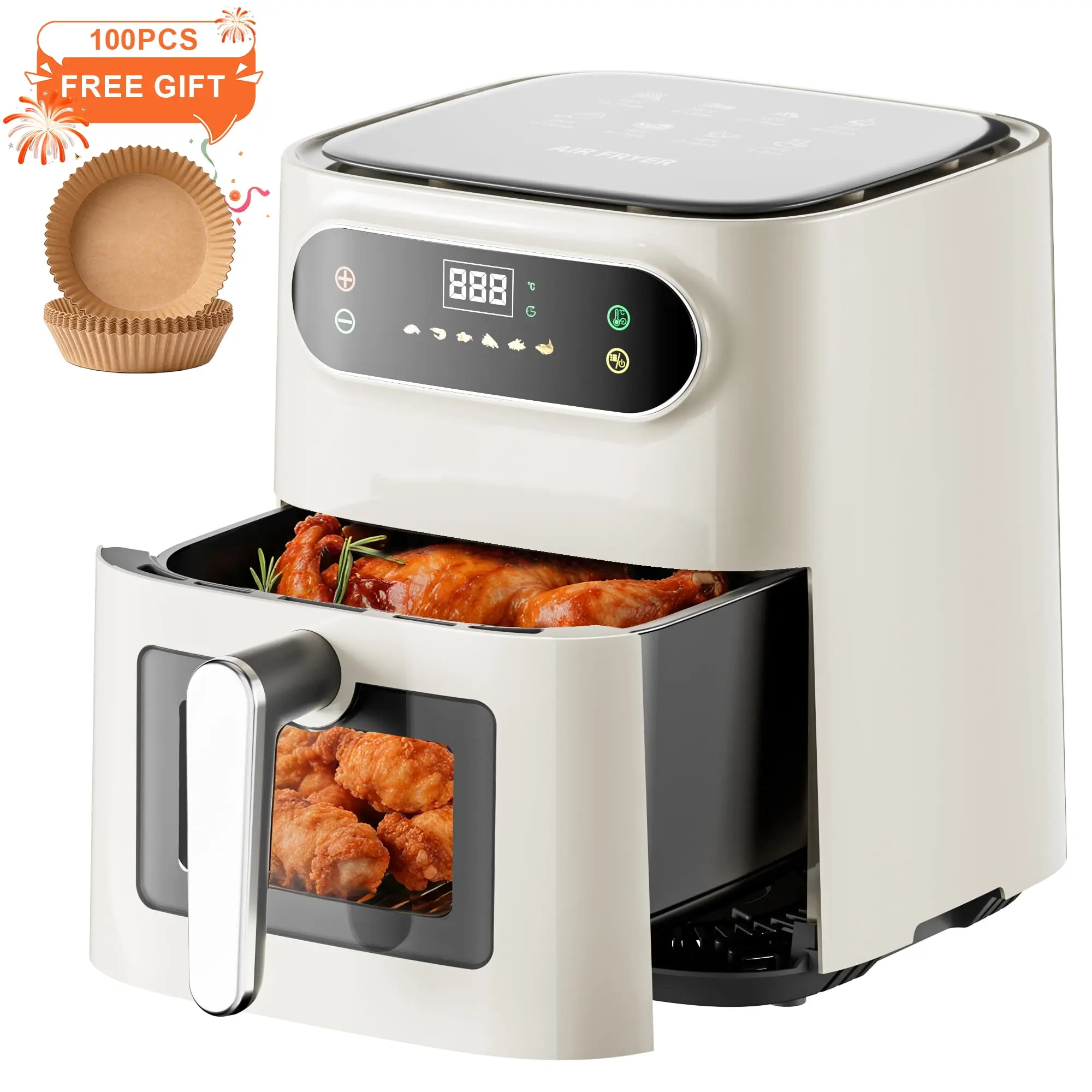 Hicloud 7.5QT Air Fryer, 1600W Multifunction Airfryer with Visible Window, Adjustable Time＆Temperature, Nonstick, 85% Less Oil, 100Pcs Liner