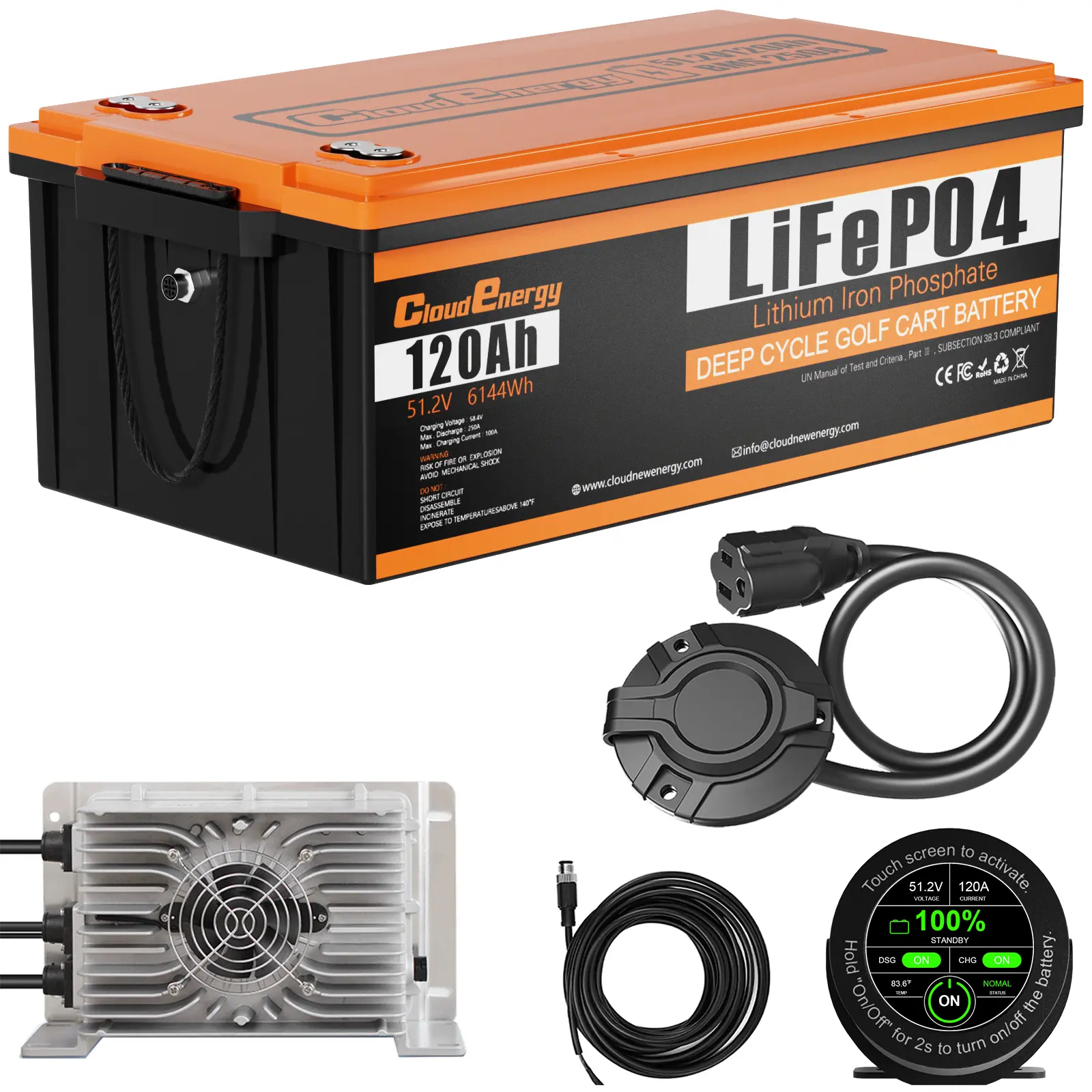 Cloudenergy 48V(51.2V) 120Ah LiFePO4 Golf Cart Lithium Battery,6000+ Deep Cycles,Built-in 250A Smart BMS,Bluetooth APP,LCD Touchscreen Monitor,Includes 20A Charger and Retention Strap,for Golf Carts