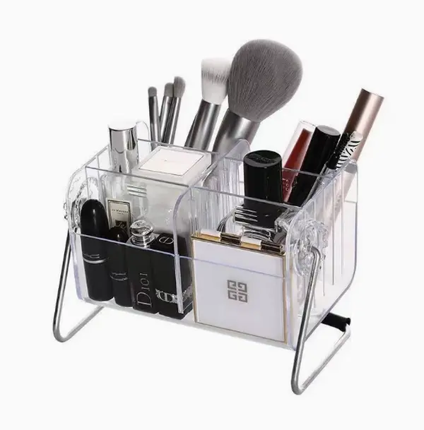 Acrylic Transparent Multi-Grid Makeup Caddy with Metal Stand Base, Space-Saving Cosmetic Organizer for Lipsticks, Brushes, Small Cosmetics - Bedroom Vanity Storage Box