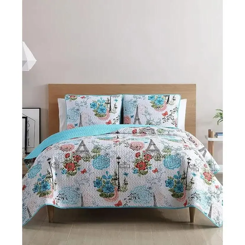 Home Blue Quilt for Queen Bed - 3-Piece Full or Queen Comforter Alternative, Bedspread Coverlet with Shams (Eiffel Paris Decor)