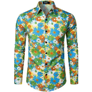 JOGAL Mens 70s Floral Dress Shirt Long Sleeve Printed Casual Button Down Shirts…