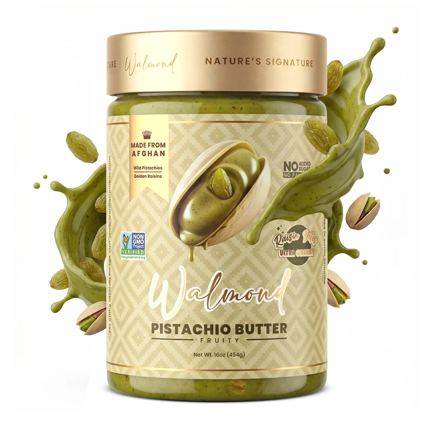 WALMOND Natural Wild Pistachio + Raisin Sweet Nuts Butter Spread - 16oz Bottle, Halal, Vegan, Non-GMO, Gluten Free, No Added Sugar/Palm Oil, Cholesterol Free, No Artificial Flavors, No Preservatives, Sunflower Lecithin Pantry Preserve, 12-Month Shelf Life