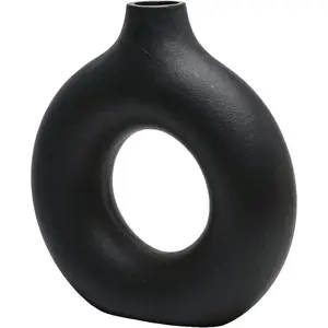 Black Donut Vase Hollow Ceramic Vase for Flowers Handmade Minimalist Boho ins Style Modern Home Decor for Wedding Dinner Table Party Living Room Office Bedroom