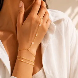 17KM Gold Bracelets for Women, 14k Gold Plated Hand Chain Bracelet, 2 Pcs Ring Bracelets for Women Trendy Dainty Cubic Zirconia Bracelet Ring Bracelet Hand Jewelry Adjustable 6.3'+2',summerwins summerwins