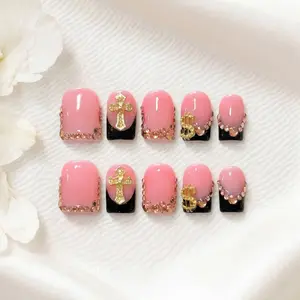 Naillulu ‌|‌ 10PCS 100% Handmade 0.8 inch Press on nails ‌|‌ Y2K Gold Cross Dollar Short Square Acrylic Nails | For Party, Date, Night Out & Photoshoot