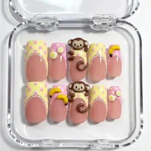 Handmade Kawaii Monkey Press On Nails | Cute 3D Banana Nail Art | Pastel Polka Dot Reusable Nail Set