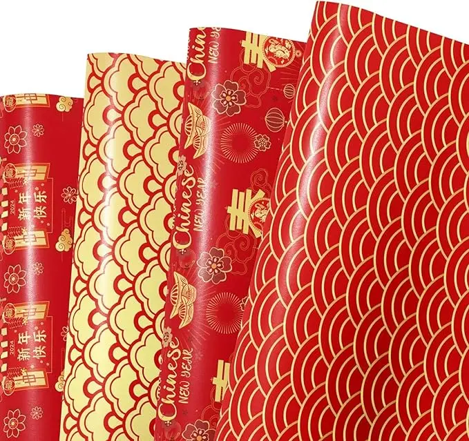 12 Sheets 28 * 20 Inches Chinese New Year Wrapping Paper Red Gold Happy New Year Patterned Gift Wrap Paper for Chinese Lunar New Year Spring Festival Wedding DIY Craft