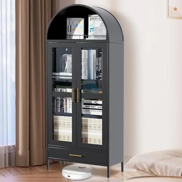 Black 73-in Tall Durable Metal Arched Cabinet - Modern Arch Kitchen Pantry Storage with Glass Doors, 2 Adjustable Shelves, 1 Drawer, 4 Supports, 75 kg per Shelf, Easy to Maintain, Versatile Cupboard for Living Room, Library, Assembly Required, Storage Org